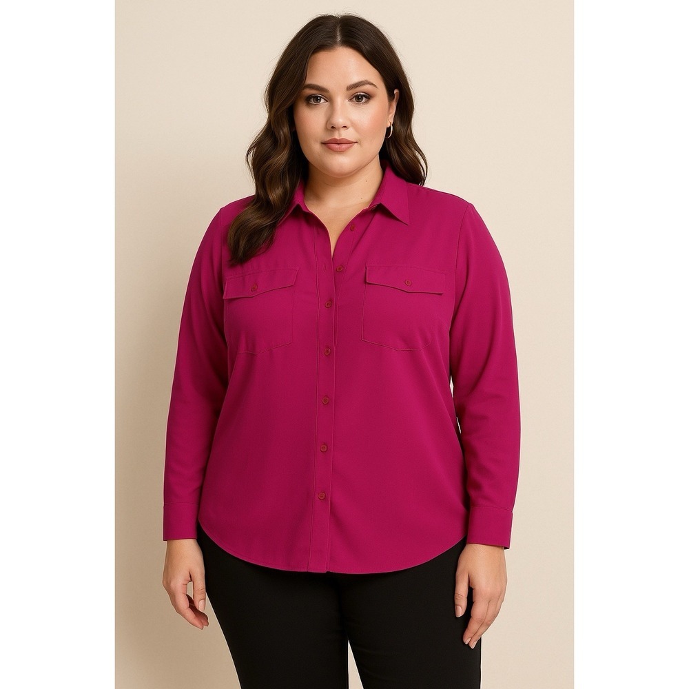 D.&Co Womens Blouse Tunic Pink roll-tab sleeve button  shirt‎ pockets 3X Office